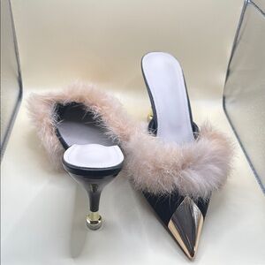 SHEIN Black and Gold Heels with Faux Fur Trim